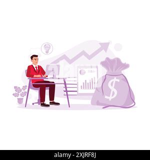 Young boss busy with the computer in the office, trying to solve problems, and generating ideas for company success. Trend modern vector flat illustra Stock Vector