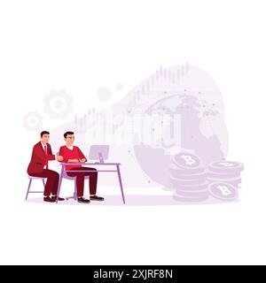 Two workers are looking at computer screens, discussing sales charts, and trying to analyze sales strategy. Trend Modern vector flat illustration. Stock Vector