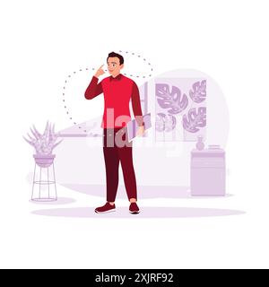 Adult man, standing and holding a book in hand, pointing his head with the index finger, in an office. Trend Modern vector flat illustration. Stock Vector