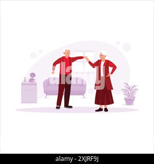The lovely elderly couple, dancing and having fun in a room filled with chairs, tables, and flowers. Trend Modern vector flat illustration. Stock Vector