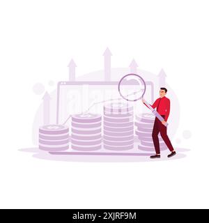 Young investor, stacked coins and magnifying glass in hand, investment, stock, and finance concept. Trend modern vector flat illustration. Stock Vector