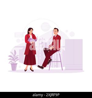 Male and female workers discuss business projects in the office, and female workers take notes on essential things that male workers convey. Trend mod Stock Vector