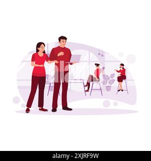 Two male and female co-workers are in an office, discussing a work project via a laptop, and there are two female colleagues sitting and chatting. Tre Stock Vector