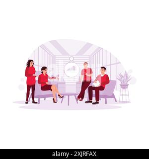 The young working people get together, discuss business, and promote creative teamwork and cooperation. Trend Modern vector flat illustration. Stock Vector