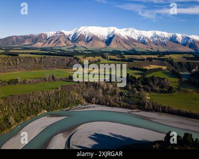 Mt Hutt, New Zealand: Aerial view of the Rakaia river and gorge near Mt Hutt in Canterbury in New Zealand south island on a sunny winter day. Stock Photo