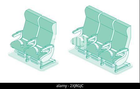 Isometric airplane seats. Vector illustration. Economy class seats. Outline objects isolated on white background. Aircraft interior armchair. Stock Vector