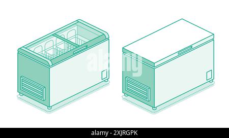 Isometric street freezer. Set of freezers isolated on white background. Outline style. Vector illustration. Stock Vector
