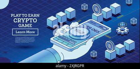Play to earn. Hand hold mobile phone. Vector illustration. Online cryptocurrency game. Earning digital money tokens. Stock Vector