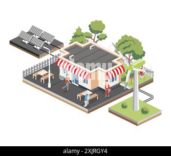 Lifestyle scene urban Isometric 3D illustration of a city block with ...