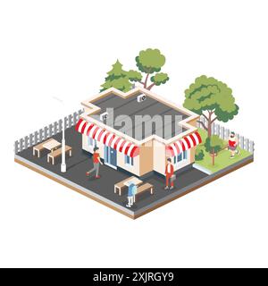 Isometric coffee shop with tables and benches. Objects isolated on white background. Urban scene with people and trees. Vector illustration. Stock Vector