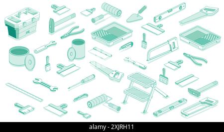 Isometric collection of work tools. Vector illustration. Equipment for construction, house repair and renovation. Hammer, screwdriver, pliers, paint b Stock Vector