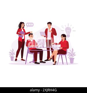 businessman having a meeting with his colleagues in the office. businessman is presenting his work to the work team. flat vector modern illustration Stock Vector