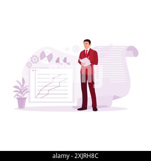 Young financial analysis worker, holding a book and pencil in hand, analyzing increasing market charts. Trend Modern vector flat illustration. Stock Vector