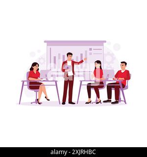 businessman having a meeting with his colleagues in the office. businessman is presenting his work to the work team. flat vector modern illustration Stock Vector