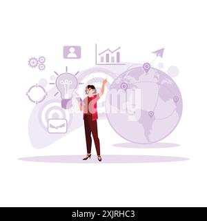 Young businesswoman with a cell phone in hand, looking for important information about business and digital marketing via her smartphone. Trend Modern Stock Vector