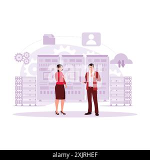 A Male IT expert working on a laptop, discussing system problems with a female server technician expert in the office data centre room. Trend Modern v Stock Vector