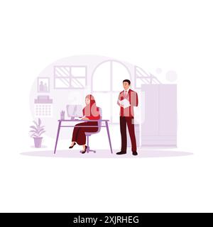 Female Muslim employees are wearing hijabs, and standing male employees. Work professionally in the office. Trend Modern vector flat illustration. Stock Vector