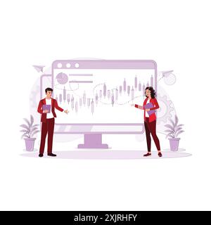 Two young employees presented the business through graphs, charts, and diagrams. Trend Modern vector flat illustration. Stock Vector