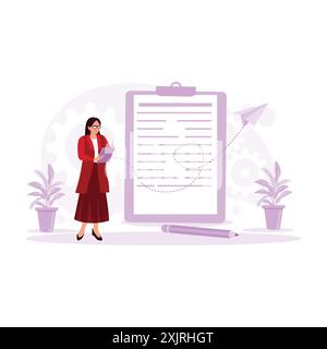 Woman in glasses, standing, holding a clipboard and pen, writing and taking notes. Trend Modern vector flat illustration. Stock Vector