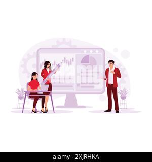 Young male manager, presenting business in front of teammates, explaining diagrams, graphs and statistical data. Two female teammates are watching wit Stock Vector