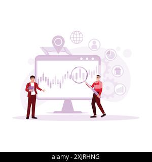 Sales data research with a magnifying glass, conducted by two young businessmen. Financial investment. Trend Modern vector flat illustration. Stock Vector