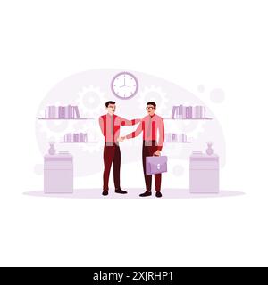 Concept of making a deal and shaking hands. Business partners saying hello or closing a deal. 2 people shaking hands in the office. Trend Modern vecto Stock Vector