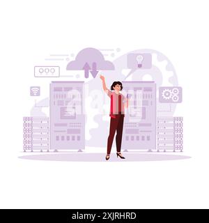 The young female engineer with a tablet is working with professionals in the network server room. Trend Modern vector flat illustration. Stock Vector