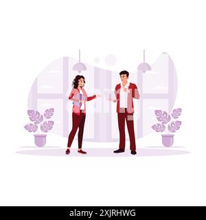 Two office colleagues are standing and discussing business projects with laptops in their hands. Trend Modern vector flat illustration. Stock Vector