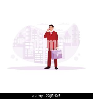 Young businessman in front of the building, carrying bags and communicating via cell phone. Trend Modern vector flat illustration. Stock Vector