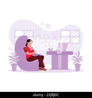 Female freelancer, working casually in the cafe, taking notes with a laptop and hot coffee. Trend Modern vector flat illustration. Stock Vector