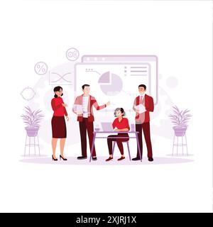 Group of young colleagues discussing and working on new business projects and innovations. Trend Modern vector flat illustration. Stock Vector