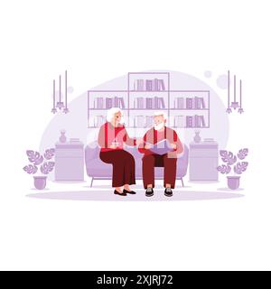 An elderly couple is sitting in the living room enjoying a hot cup of tea and looking at a memory album. Trend Modern vector flat illustration. Stock Vector