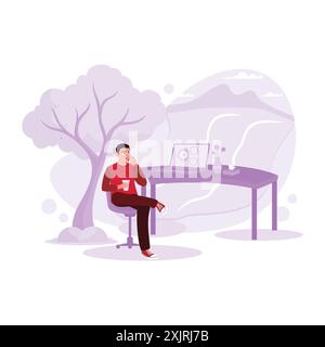 The male freelancer is relaxing, talking on the phone and enjoying a cold cup of coffee with his laptop on the table. Trend Modern vector flat illustr Stock Vector