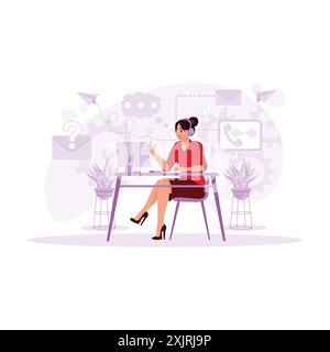 Call center agent, a young woman, working in a friendly manner, using a headset at the office table. Trend Modern vector flat illustration. Stock Vector