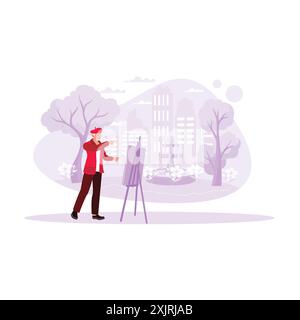 Senior painter painting on canvas in the beautiful garden. Trend Modern vector flat illustration. Stock Vector