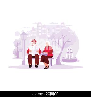Mature couple sitting in the park, chatting and while reading newspapers. Trend Modern vector flat illustration. Stock Vector