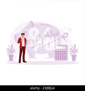 Male businessman, calculating stock market investment profit, earnings and growth. Trend Modern vector flat illustration. Stock Vector