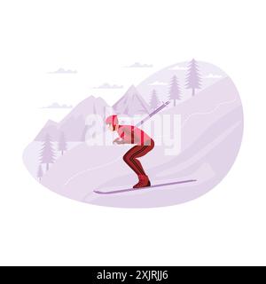 Young skier doing great in a competition in the Alps. Trend Modern vector flat illustration. Stock Vector