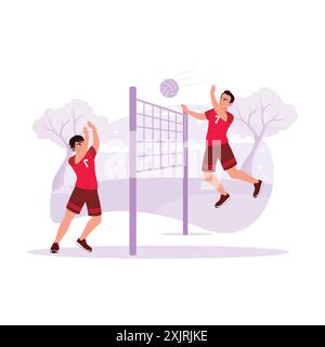 Two volleyball players were playing professionally in a game. Trend Modern vector flat illustration. Stock Vector