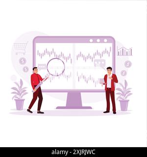 Two young business people work together in the office, discussing and checking stock prices. Trend Modern vector flat illustration. Stock Vector