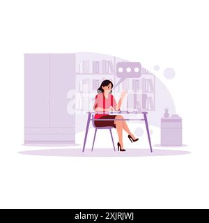 Young college students are studying in the library seriously, using a computer and having online chats. Trend Modern vector flat illustration. Stock Vector