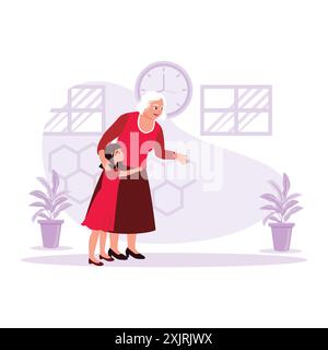 Happy moments of grandma and granddaughter spending time together and warm hugs from granddaughter to grandma. Trend Modern vector flat illustration. Stock Vector