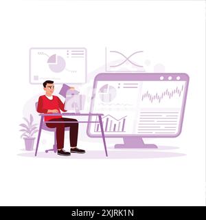 Young male analyst, working in the office with computer analyzing data and documents in hands. Trend Modern vector flat illustration. Stock Vector