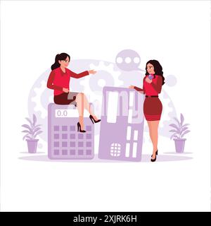Two women are discussing credit cards on a calculator. Trend Modern vector flat illustration. Stock Vector