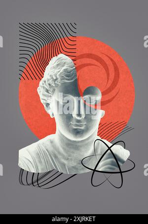 Collage with antique sculptures as human face in pop art style. Modern creative concept image with ancient statue head. Contemporary art poster. Design Stock Photo