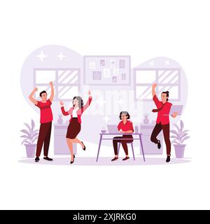 The creative business team celebrates successful project success in the office. Concept of teamwork, communication and collaboration. Trend Modern vec Stock Vector