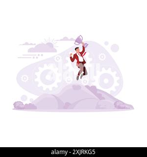 Success achievement businessman male, jumping happily over mountains and sunshine with trophies. Trend modern vector flat illustration. Stock Vector