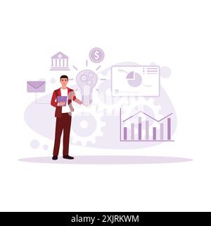 Businessman man with a light bulb and gear in hand, filled with creative ideas and inspiration. Innovations for financial business and economic growth Stock Vector