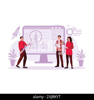 The business team has work meetings in the office, discussing, brainstorming, looking at graphic presentations and taking notes. Trend Modern vector f Stock Vector