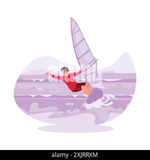 Young male surfer in action on the surf, conquering the waves in the ocean with strong winds. Trend Modern vector flat illustration. Stock Vector